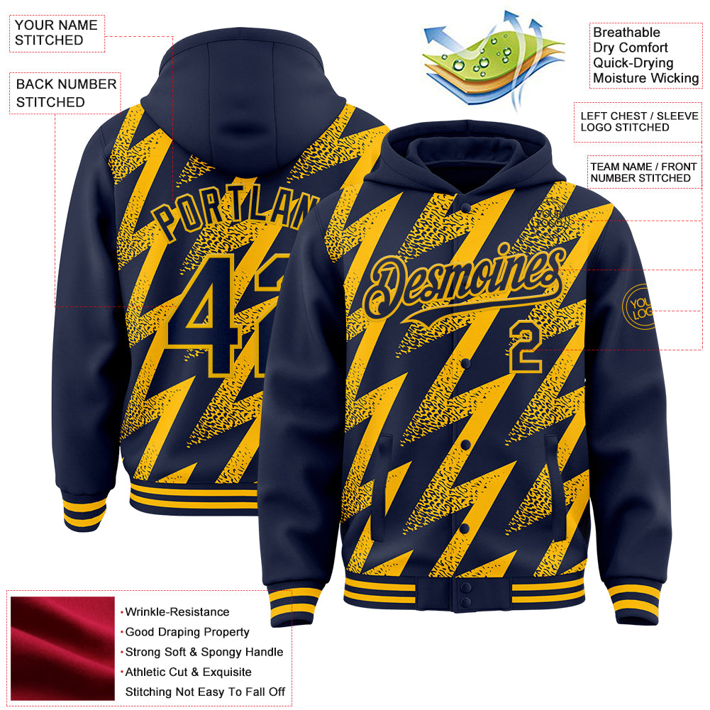 Custom Navy Gold Zigzag Shape 3D Pattern Design Bomber Full-Snap Varsity Letterman Hoodie Jacket