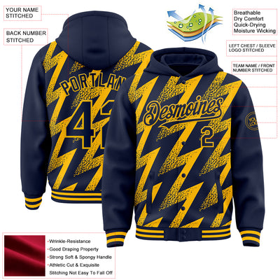 Custom Navy Gold Zigzag Shape 3D Pattern Design Bomber Full-Snap Varsity Letterman Hoodie Jacket