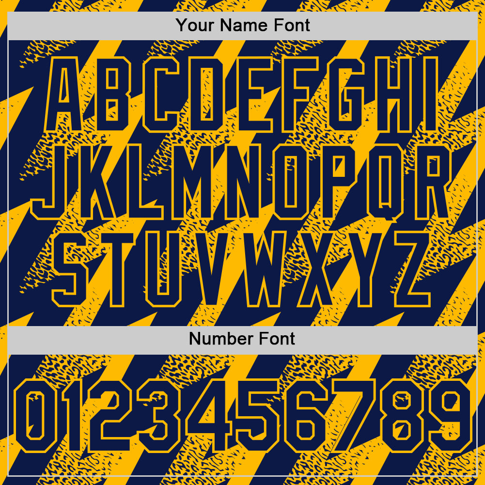 Custom Navy Gold Zigzag Shape 3D Pattern Design Bomber Full-Snap Varsity Letterman Hoodie Jacket