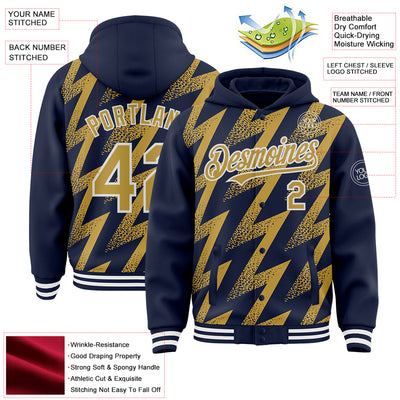 Custom Navy Old Gold-White Zigzag Shape 3D Pattern Design Bomber Full-Snap Varsity Letterman Hoodie Jacket