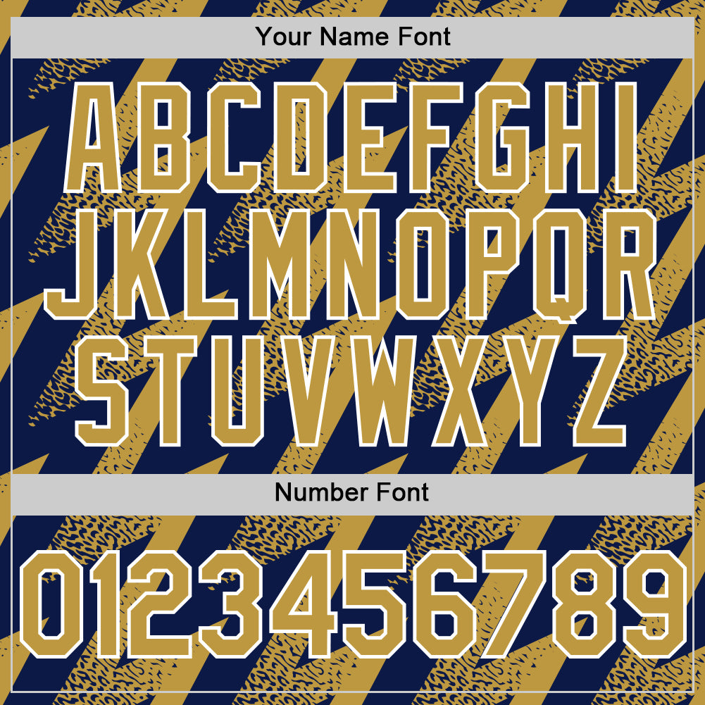 Custom Navy Old Gold-White Zigzag Shape 3D Pattern Design Bomber Full-Snap Varsity Letterman Hoodie Jacket