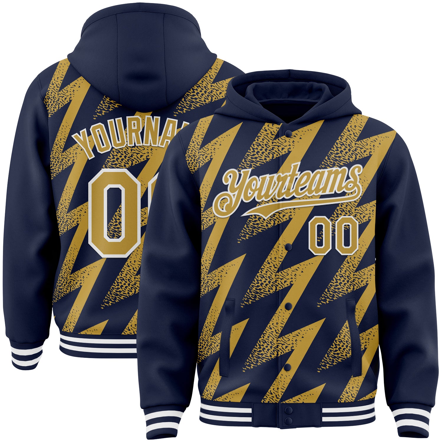 Custom Navy Old Gold-White Zigzag Shape 3D Pattern Design Bomber Full-Snap Varsity Letterman Hoodie Jacket