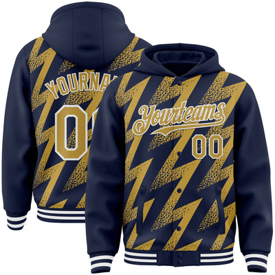 Custom Navy Old Gold-White Zigzag Shape 3D Pattern Design Bomber Full-Snap Varsity Letterman Hoodie Jacket