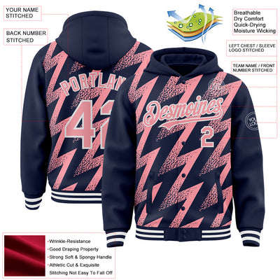 Custom Navy Medium Pink-White Zigzag Shape 3D Pattern Design Bomber Full-Snap Varsity Letterman Hoodie Jacket