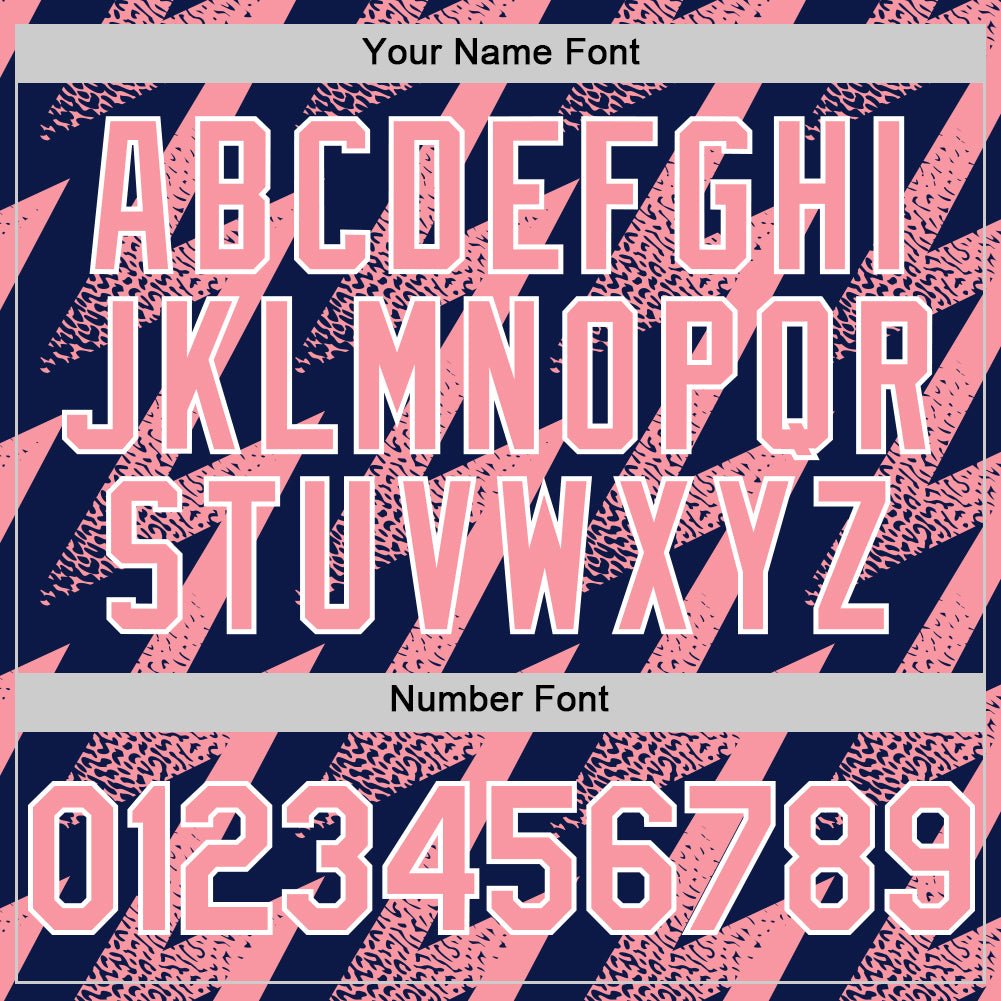 Custom Navy Medium Pink-White Zigzag Shape 3D Pattern Design Bomber Full-Snap Varsity Letterman Hoodie Jacket