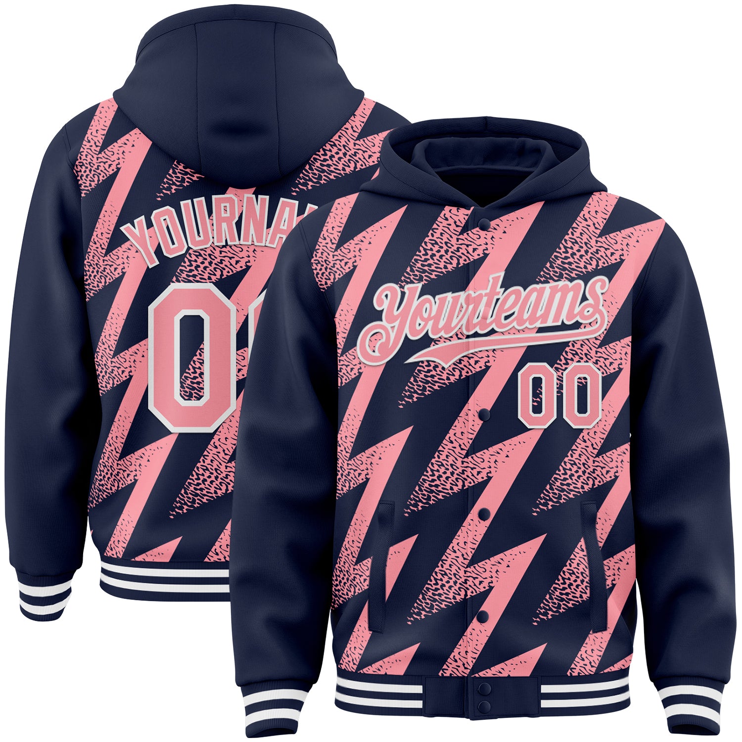 Custom Navy Medium Pink-White Zigzag Shape 3D Pattern Design Bomber Full-Snap Varsity Letterman Hoodie Jacket