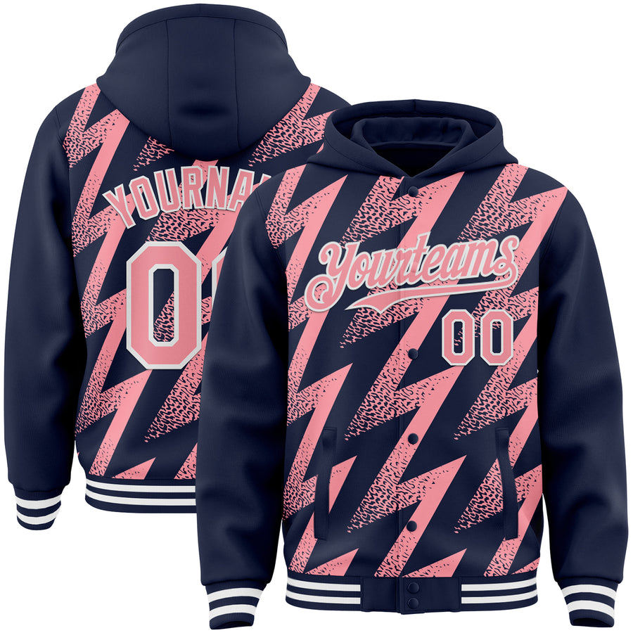 Custom Navy Medium Pink-White Zigzag Shape 3D Pattern Design Bomber Full-Snap Varsity Letterman Hoodie Jacket