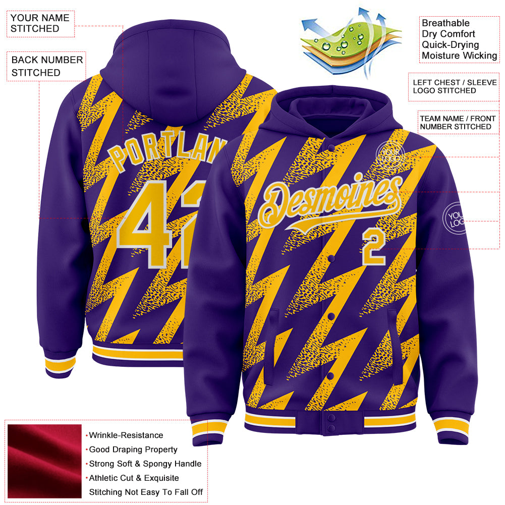 Custom Purple Gold-White Zigzag Shape 3D Pattern Design Bomber Full-Snap Varsity Letterman Hoodie Jacket