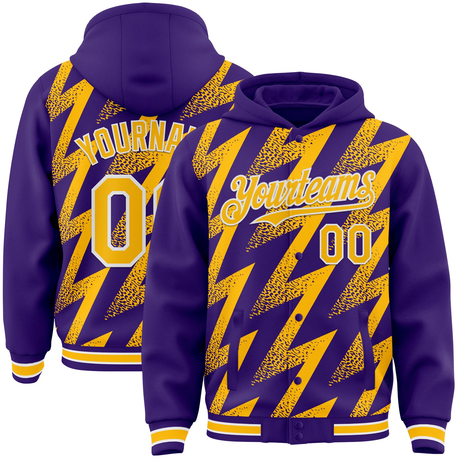 Custom Purple Gold-White Zigzag Shape 3D Pattern Design Bomber Full-Snap Varsity Letterman Hoodie Jacket