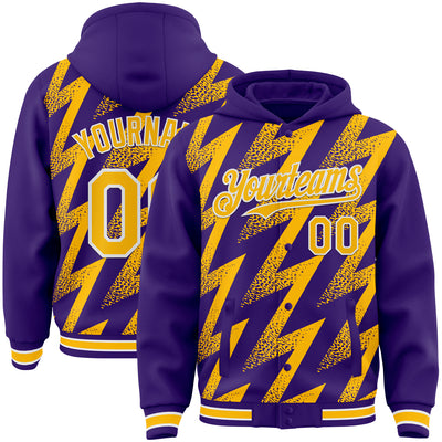 Custom Purple Gold-White Zigzag Shape 3D Pattern Design Bomber Full-Snap Varsity Letterman Hoodie Jacket