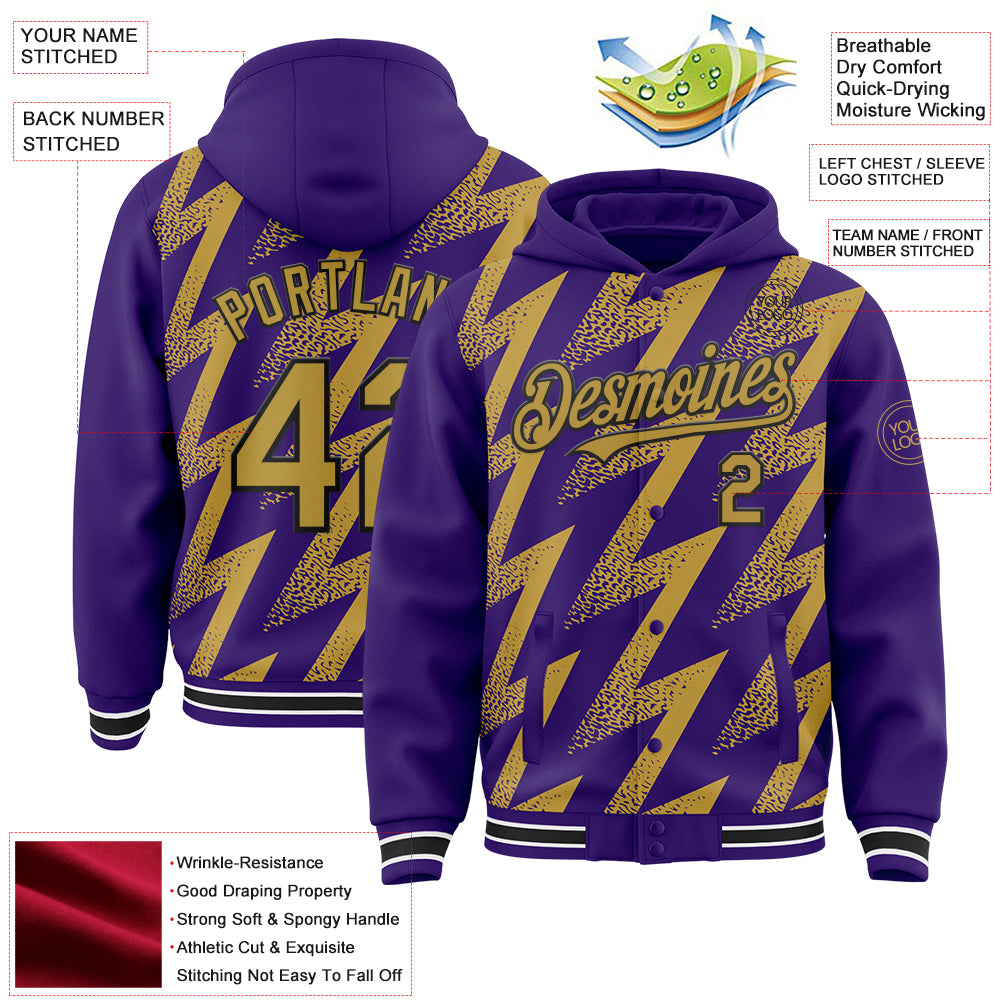 Custom Purple Old Gold Black-White Zigzag Shape 3D Pattern Design Bomber Full-Snap Varsity Letterman Hoodie Jacket