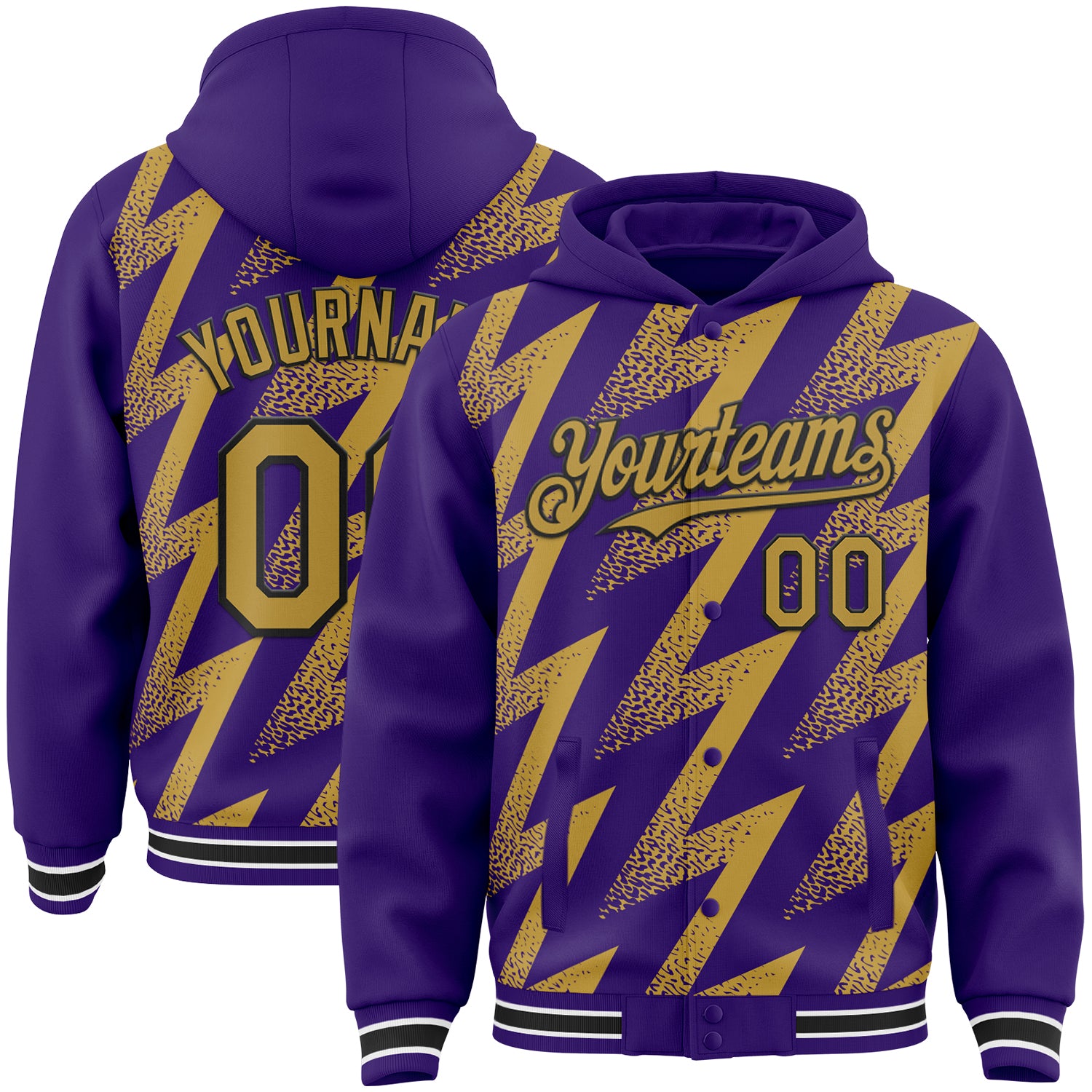 Custom Purple Old Gold Black-White Zigzag Shape 3D Pattern Design Bomber Full-Snap Varsity Letterman Hoodie Jacket