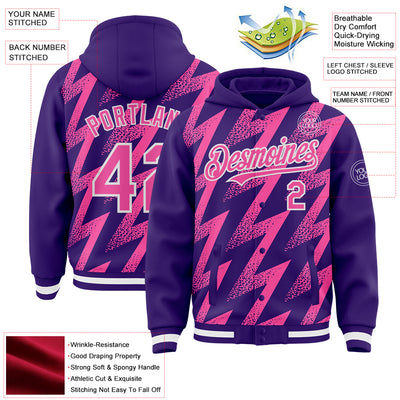 Custom Purple Pink-White Zigzag Shape 3D Pattern Design Bomber Full-Snap Varsity Letterman Hoodie Jacket