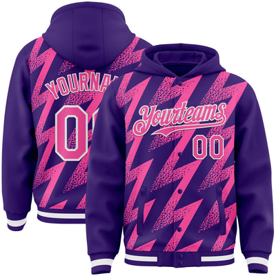 Custom Purple Pink-White Zigzag Shape 3D Pattern Design Bomber Full-Snap Varsity Letterman Hoodie Jacket