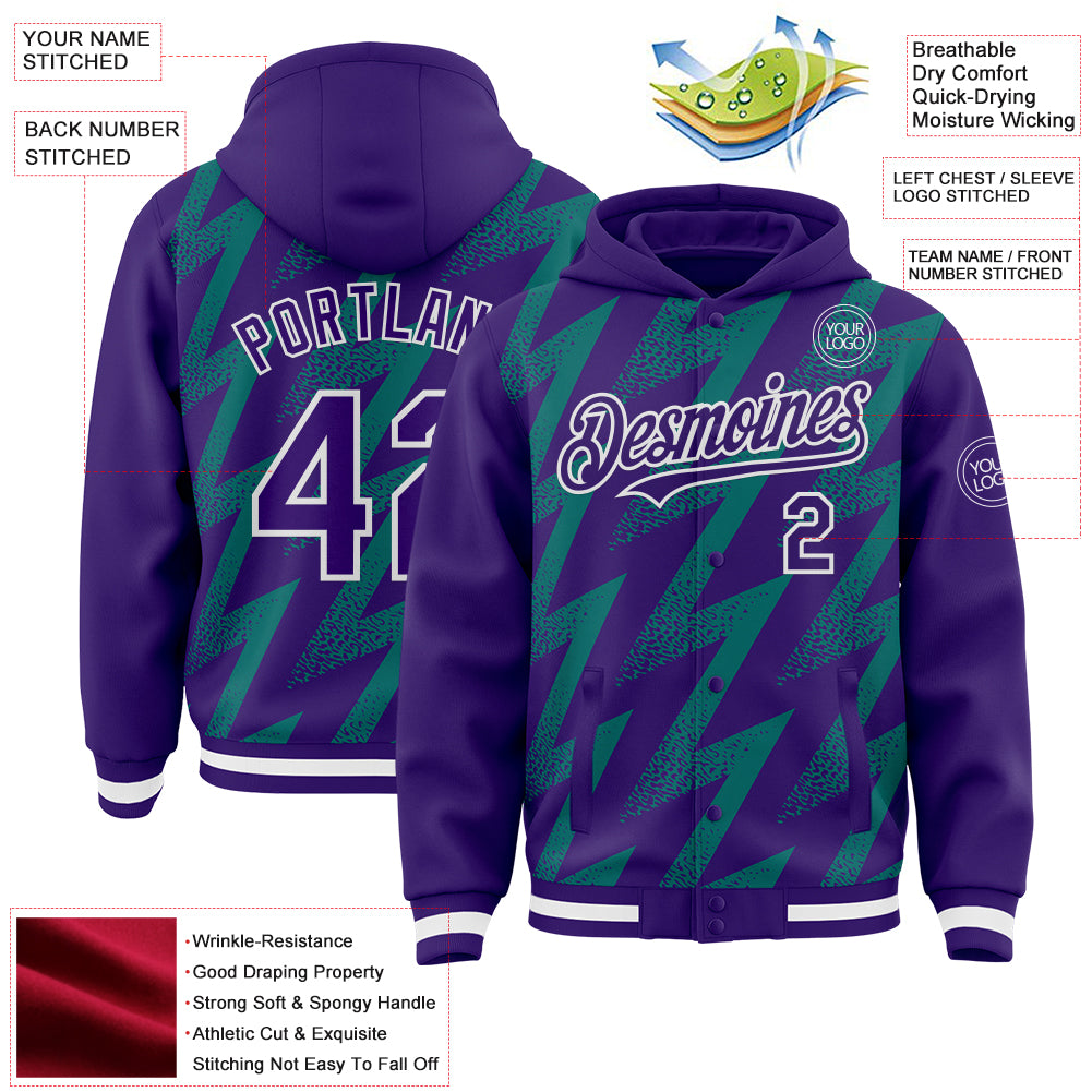 Custom Purple Teal-White Zigzag Shape 3D Pattern Design Bomber Full-Snap Varsity Letterman Hoodie Jacket