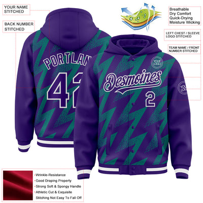 Custom Purple Teal-White Zigzag Shape 3D Pattern Design Bomber Full-Snap Varsity Letterman Hoodie Jacket
