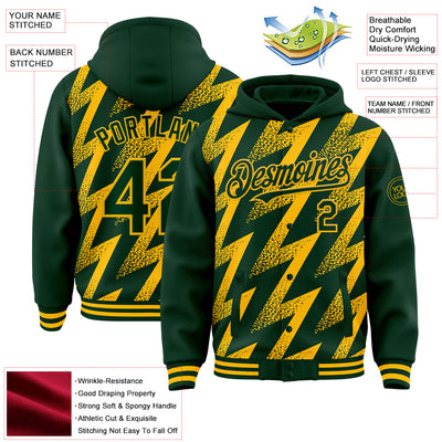 Custom Green Gold Zigzag Shape 3D Pattern Design Bomber Full-Snap Varsity Letterman Hoodie Jacket
