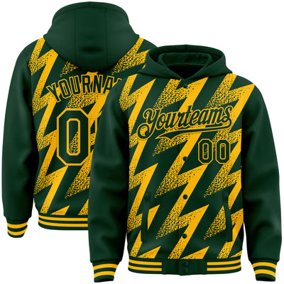Custom Green Gold Zigzag Shape 3D Pattern Design Bomber Full-Snap Varsity Letterman Hoodie Jacket