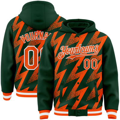 Custom Green Orange-White Zigzag Shape 3D Pattern Design Bomber Full-Snap Varsity Letterman Hoodie Jacket