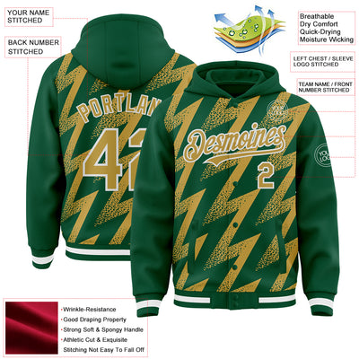 Custom Kelly Green Old Gold-White Zigzag Shape 3D Pattern Design Bomber Full-Snap Varsity Letterman Hoodie Jacket
