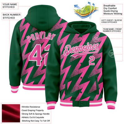 Custom Kelly Green Pink-White Zigzag Shape 3D Pattern Design Bomber Full-Snap Varsity Letterman Hoodie Jacket