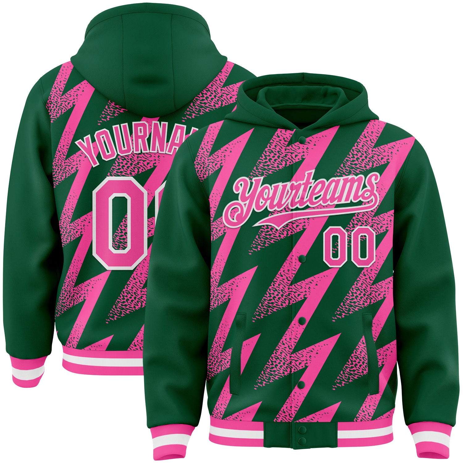 Custom Kelly Green Pink-White Zigzag Shape 3D Pattern Design Bomber Full-Snap Varsity Letterman Hoodie Jacket
