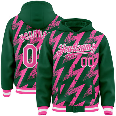 Custom Kelly Green Pink-White Zigzag Shape 3D Pattern Design Bomber Full-Snap Varsity Letterman Hoodie Jacket