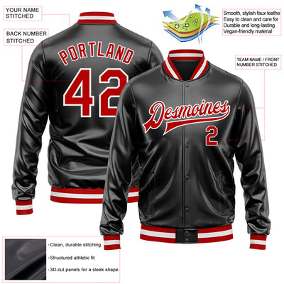 Custom Black Red-White Bomber Full-Snap Varsity Faux Leather Letterman Jacket