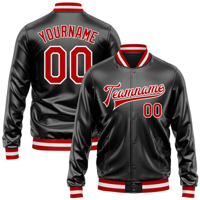 Custom Black Red-White Bomber Full-Snap Varsity Faux Leather Letterman Jacket
