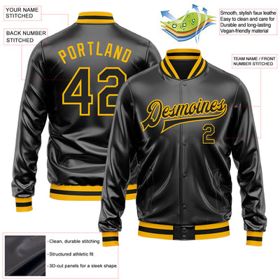 Custom Black Black-Gold Bomber Full-Snap Varsity Faux Leather Letterman Jacket