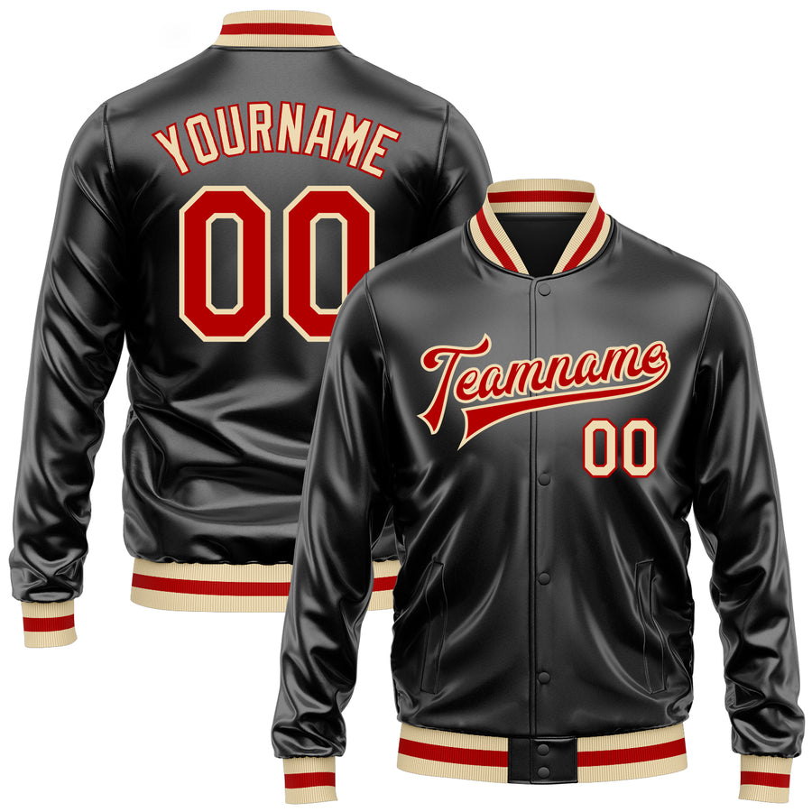 Custom Black Red-Cream Bomber Full-Snap Varsity Faux Leather Letterman Jacket