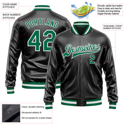 Custom Black Kelly Green-White Bomber Full-Snap Varsity Faux Leather Letterman Jacket