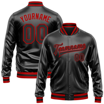 Custom Black Black-Red Bomber Full-Snap Varsity Faux Leather Letterman Jacket
