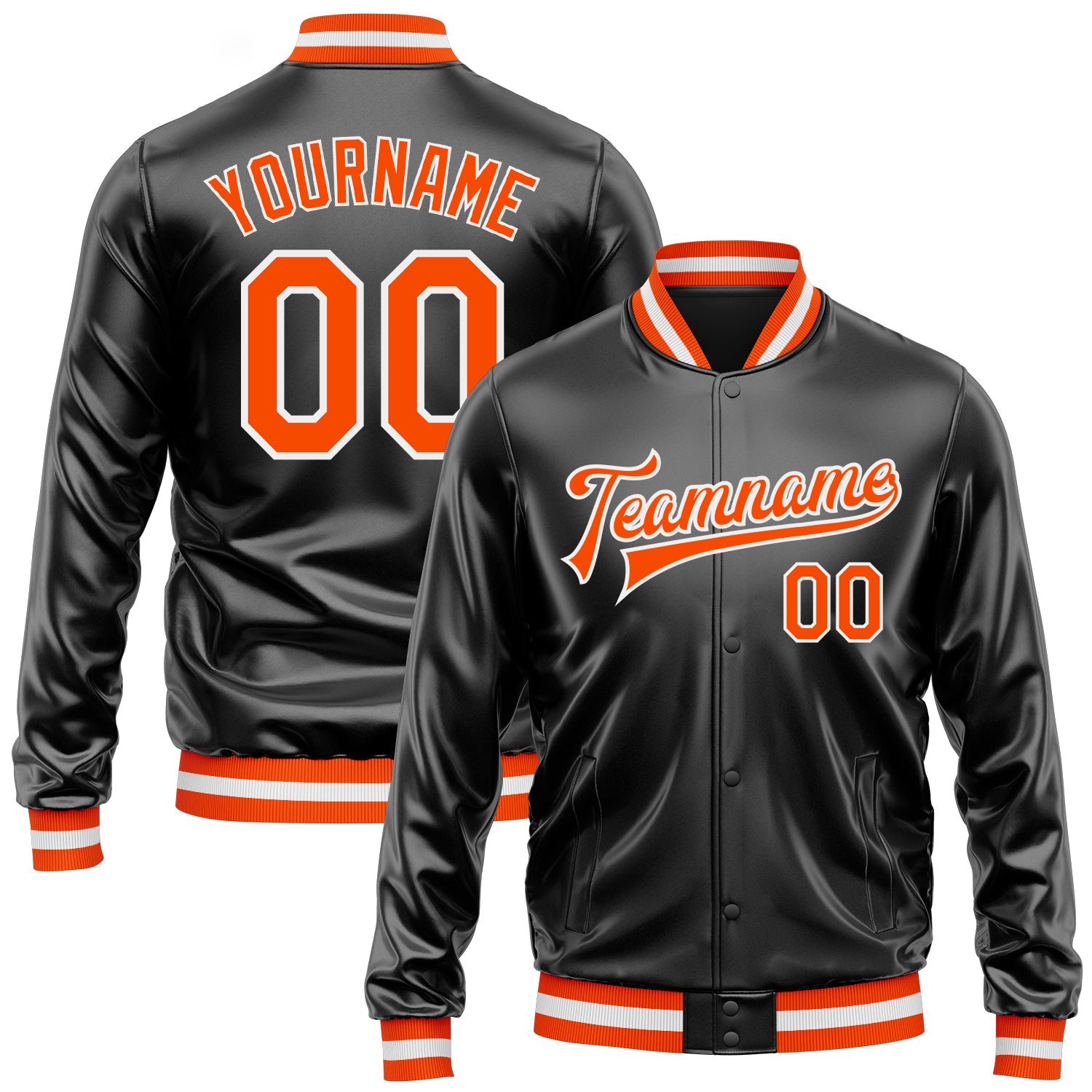 Custom Black Orange-White Bomber Full-Snap Varsity Faux Leather Letterman Jacket