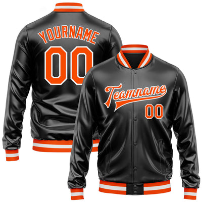 Custom Black Orange-White Bomber Full-Snap Varsity Faux Leather Letterman Jacket