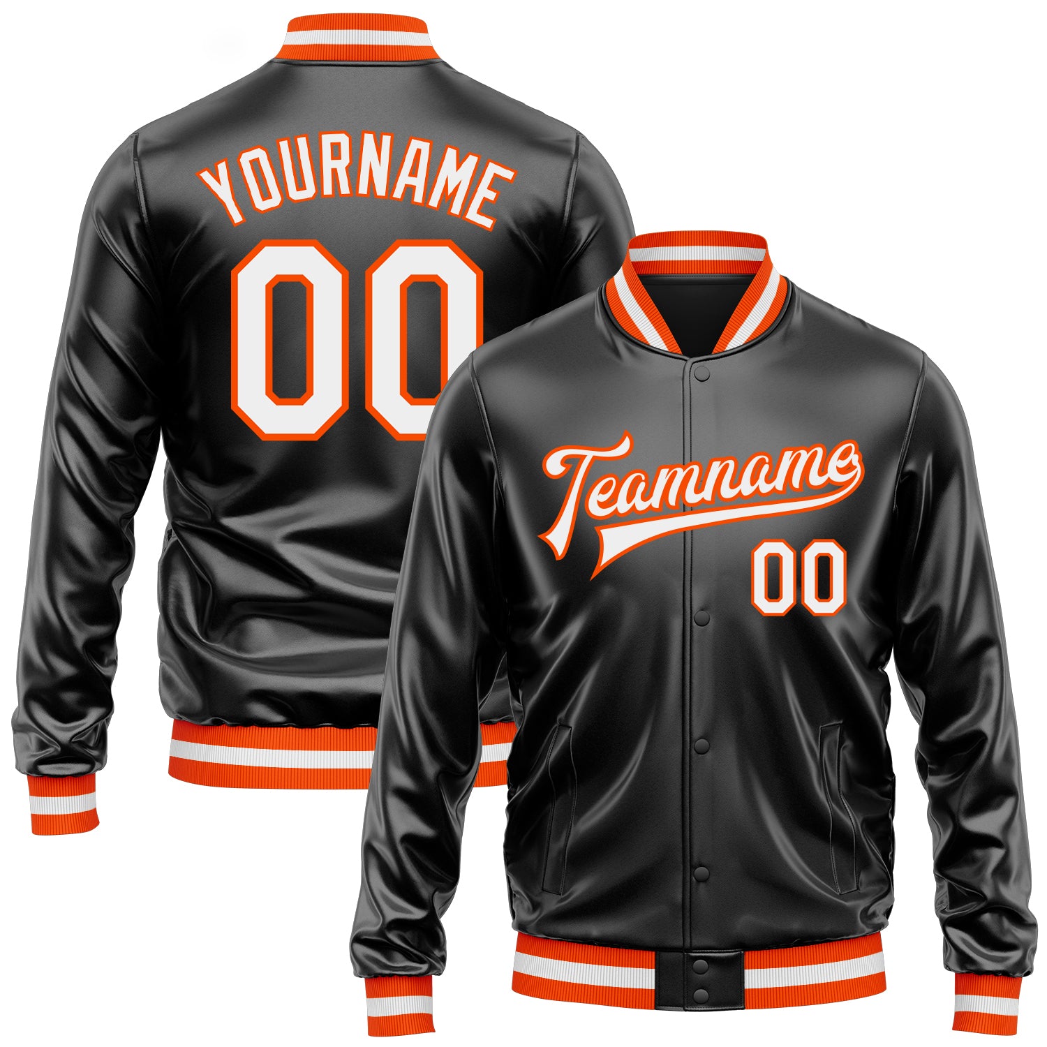 Custom Black White-Orange Bomber Full-Snap Varsity Faux Leather Letterman Jacket