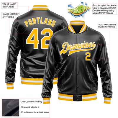 Custom Black Gold-White Bomber Full-Snap Varsity Faux Leather Letterman Jacket