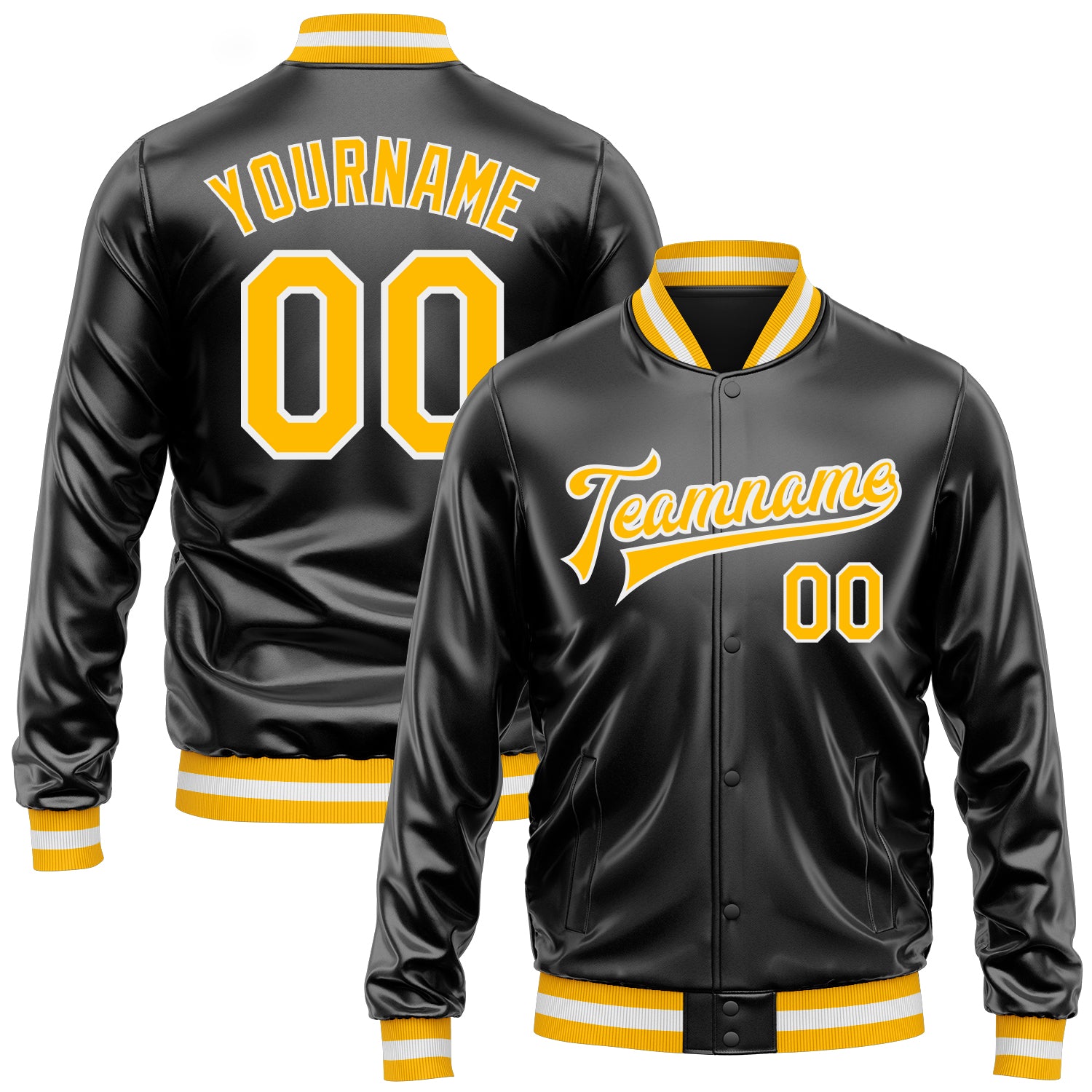 Custom Black Gold-White Bomber Full-Snap Varsity Faux Leather Letterman Jacket
