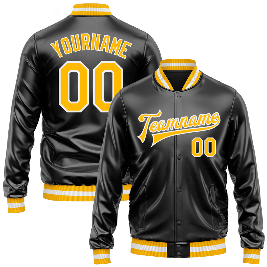 Custom Black Gold-White Bomber Full-Snap Varsity Faux Leather Letterman Jacket