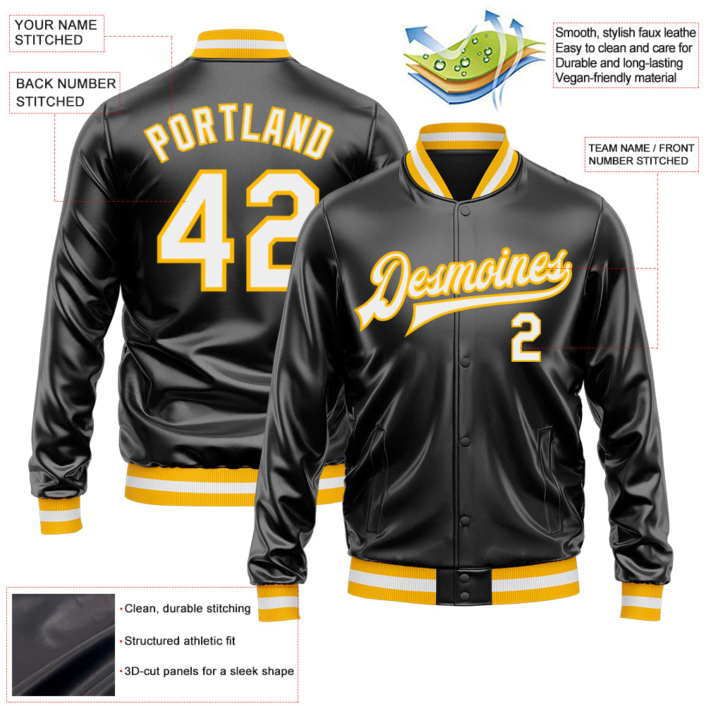 Custom Black White-Gold Bomber Full-Snap Varsity Faux Leather Letterman Jacket