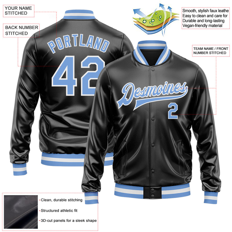 Custom Black Light Blue-White Bomber Full-Snap Varsity Faux Leather Letterman Jacket