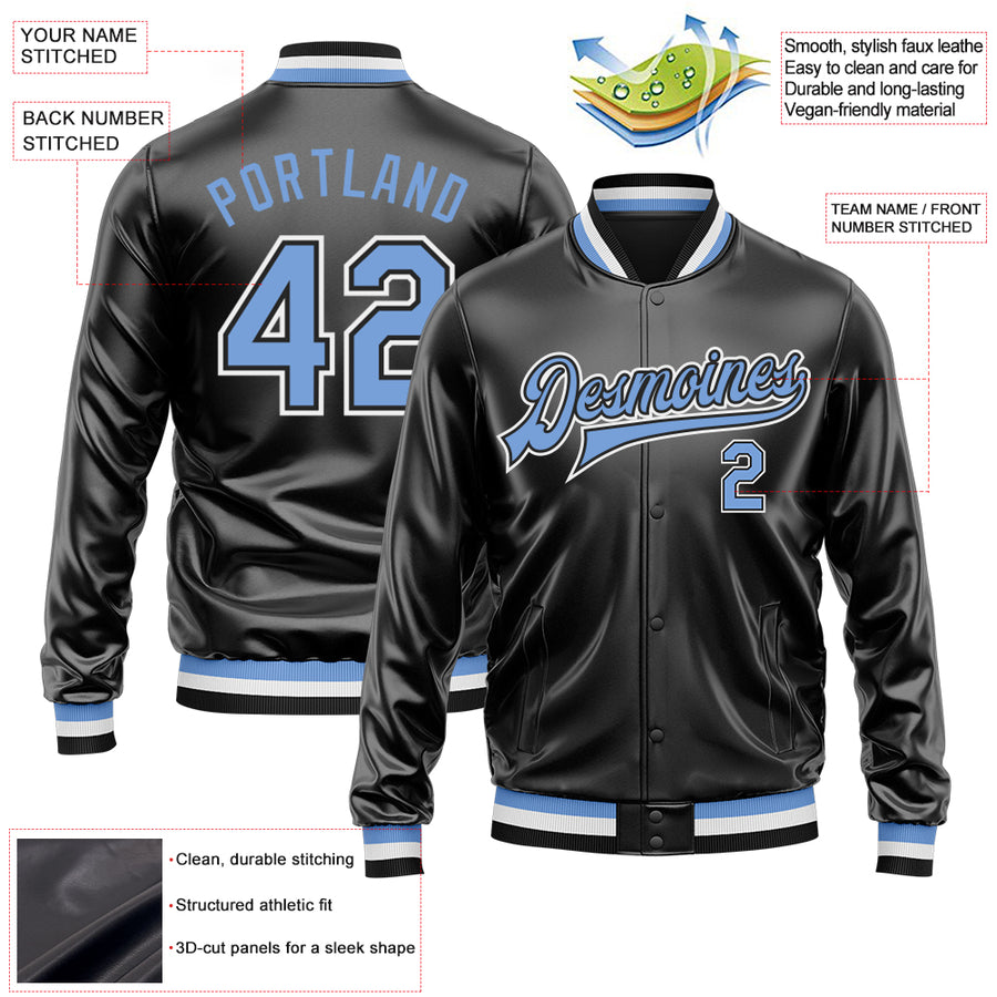Custom Black Light Blue-White Bomber Full-Snap Varsity Faux Leather Letterman Jacket