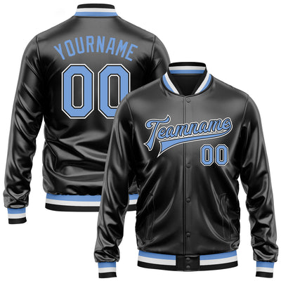 Custom Black Light Blue-White Bomber Full-Snap Varsity Faux Leather Letterman Jacket