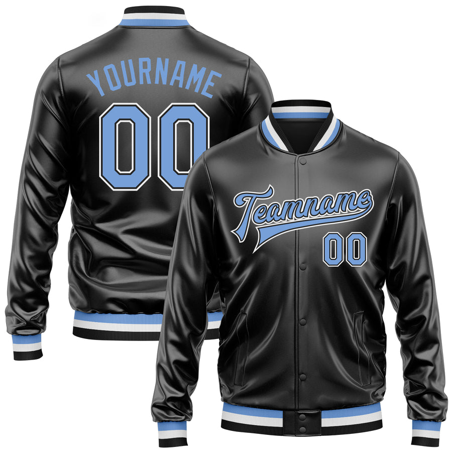 Custom Black Light Blue-White Bomber Full-Snap Varsity Faux Leather Letterman Jacket