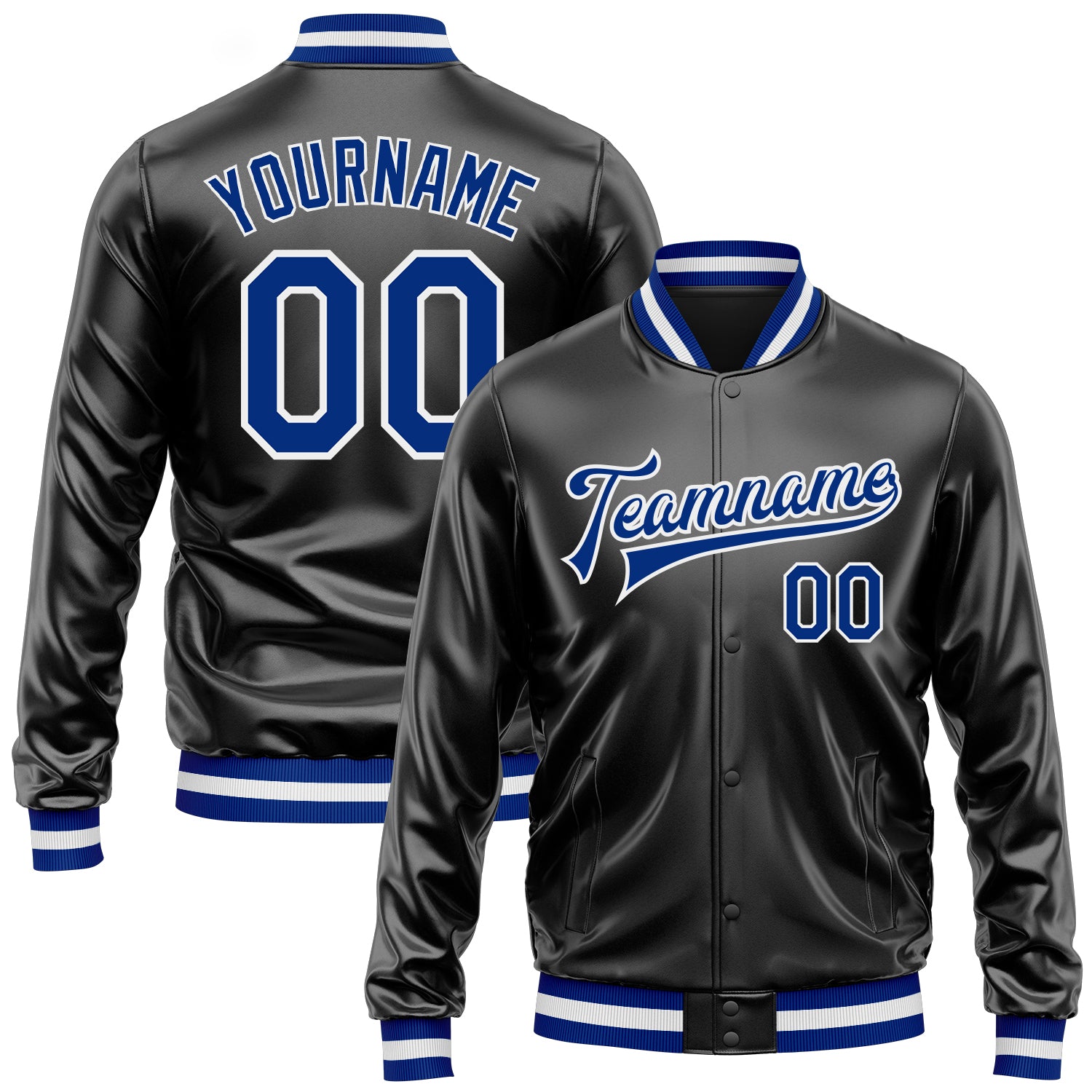 Custom Black Royal-White Bomber Full-Snap Varsity Faux Leather Letterman Jacket
