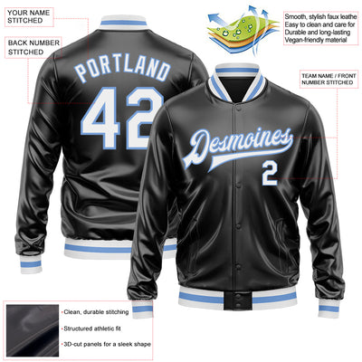 Custom Black White-Light Blue Bomber Full-Snap Varsity Faux Leather Letterman Jacket