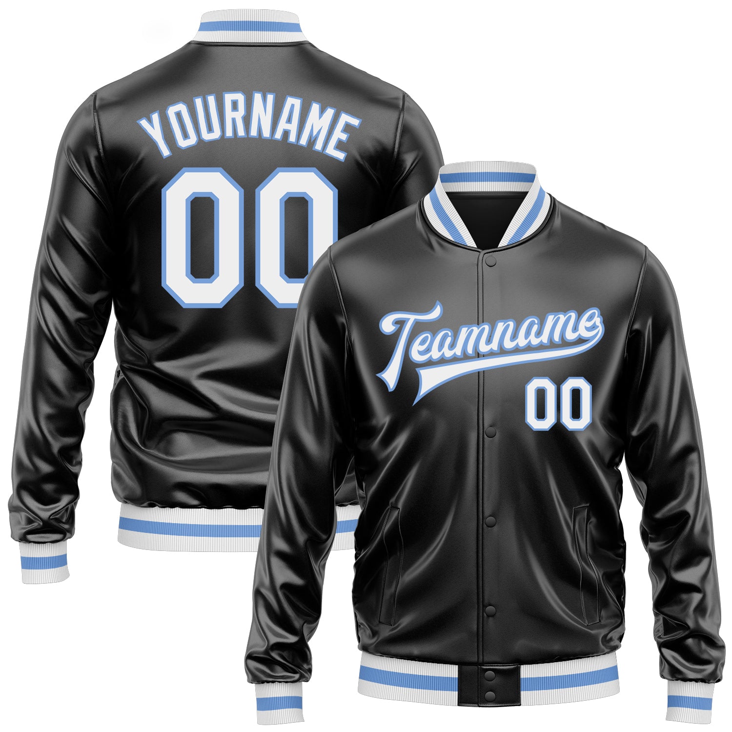 Custom Black White-Light Blue Bomber Full-Snap Varsity Faux Leather Letterman Jacket