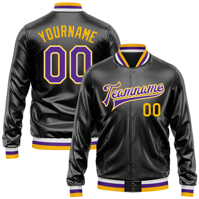 Custom Black Purple-Gold Bomber Full-Snap Varsity Faux Leather Letterman Jacket