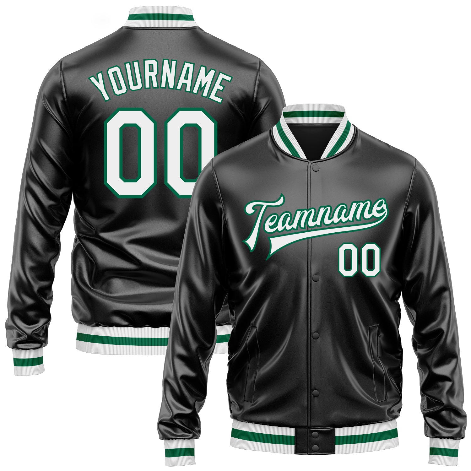 Custom Black White-Kelly Green Bomber Full-Snap Varsity Faux Leather Letterman Jacket