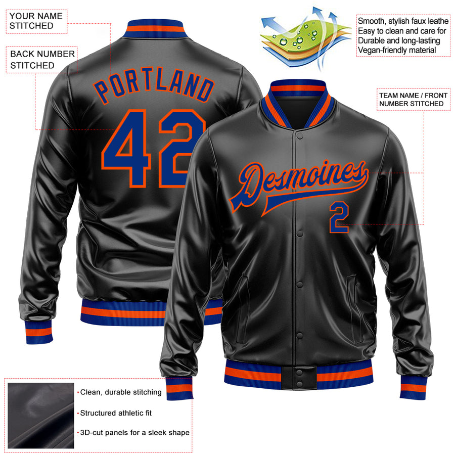 Custom Black Royal-Orange Bomber Full-Snap Varsity Faux Leather Letterman Jacket